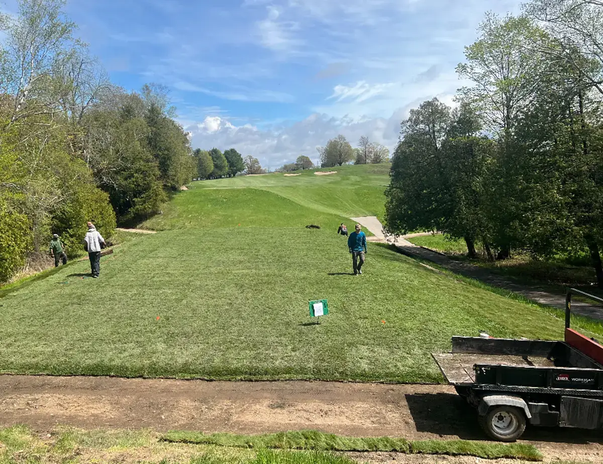 ProVista Sod For Golf Courses Laying the Tee Box area Michigan Sod Company